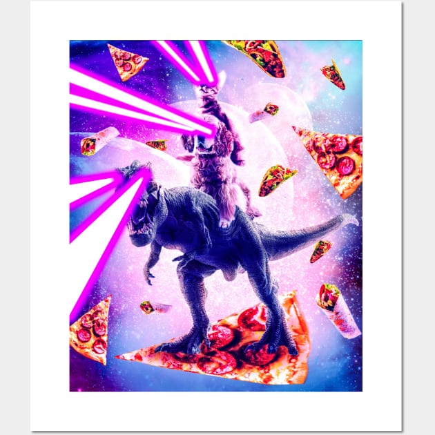 Laser Eyes Space Cat Riding Dog And Dinosaur Wall Art by Random Galaxy